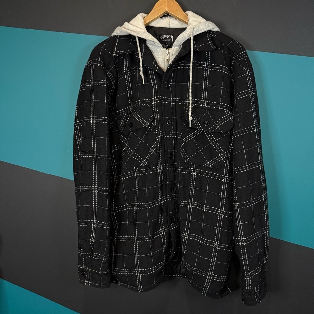 Stussy Black and White Plaid Quilted Lined Hooded Shirt Jacket Wool Cotton sz L - Picture 2 of 10